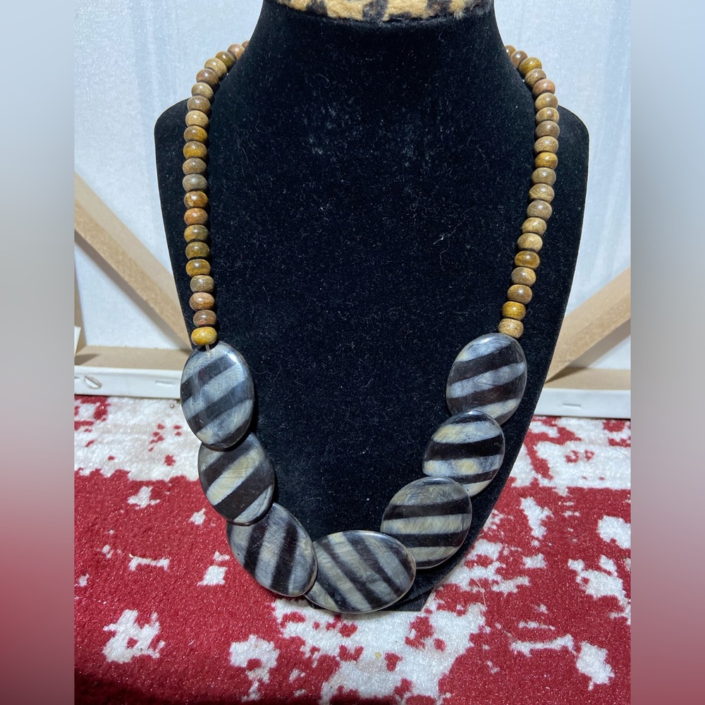 Rustic Tribal Inspired Necklace With Wood Beads and Zebra Print Oval Beads